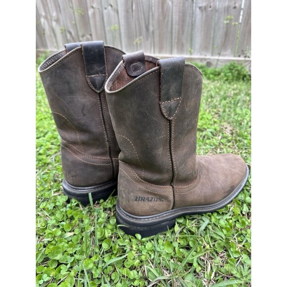 Men's Brazos Brown Leather Round Toe Safety Toe Work Boots Size 9 B9703 - Picture 2 of 16